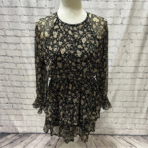 ZARA Boho Black Gold Floral Mini Dress Sheer Sleeves Tiered Ruffle Small